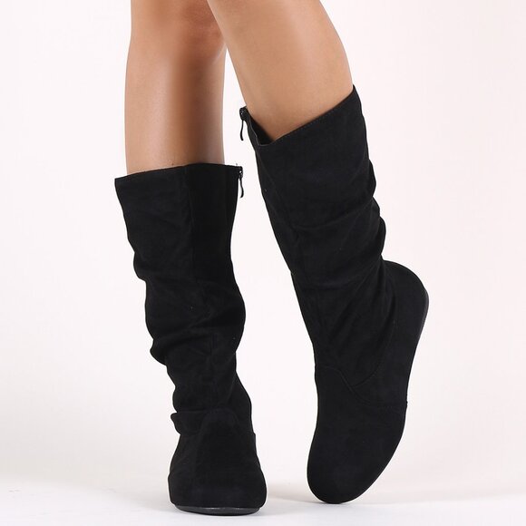 New Black Slouchy Faux Suede Mid Calf Flat Boots Round Toe Zip Pull-On - Picture 3 of 4